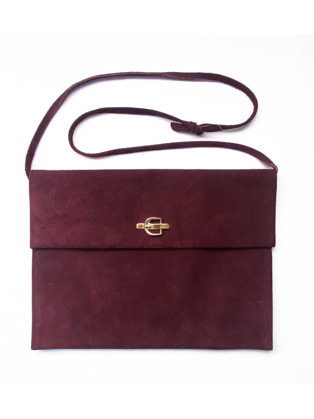 Genuine Suede Oxblood Handbag Gold Buckle Ornament Vintage Retro Dark Red 70s